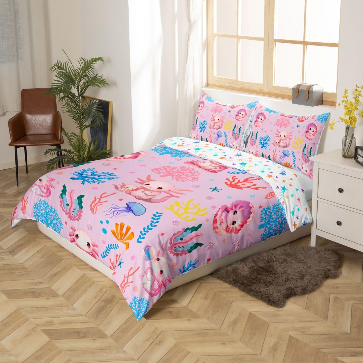 Homewish Różowa urocza pościel król aksolotl koral rozgwiazda meduza poszewka na kołdrę zestaw marzycielski podwodny świat poszewka na kołdrę kreskówka gad zwierzę zestawy łóżek