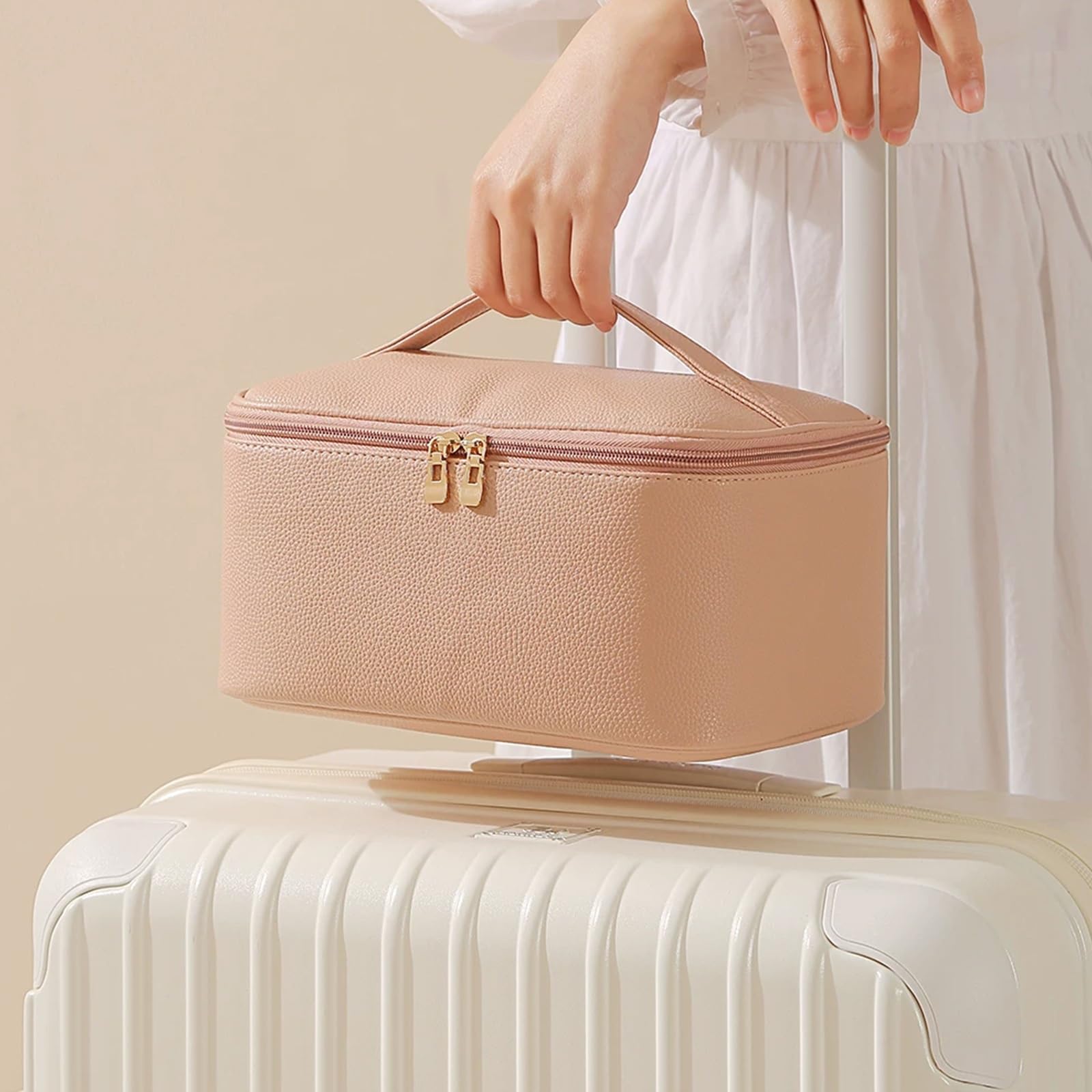 Impermeabile Beauty Case per Appendere per Organizzare Oggetti Personali Accessori, Beauty Case da Viaggio, con Divisori Rimovibili, Apertura a Ribalta con Ampio Scomparto(White)