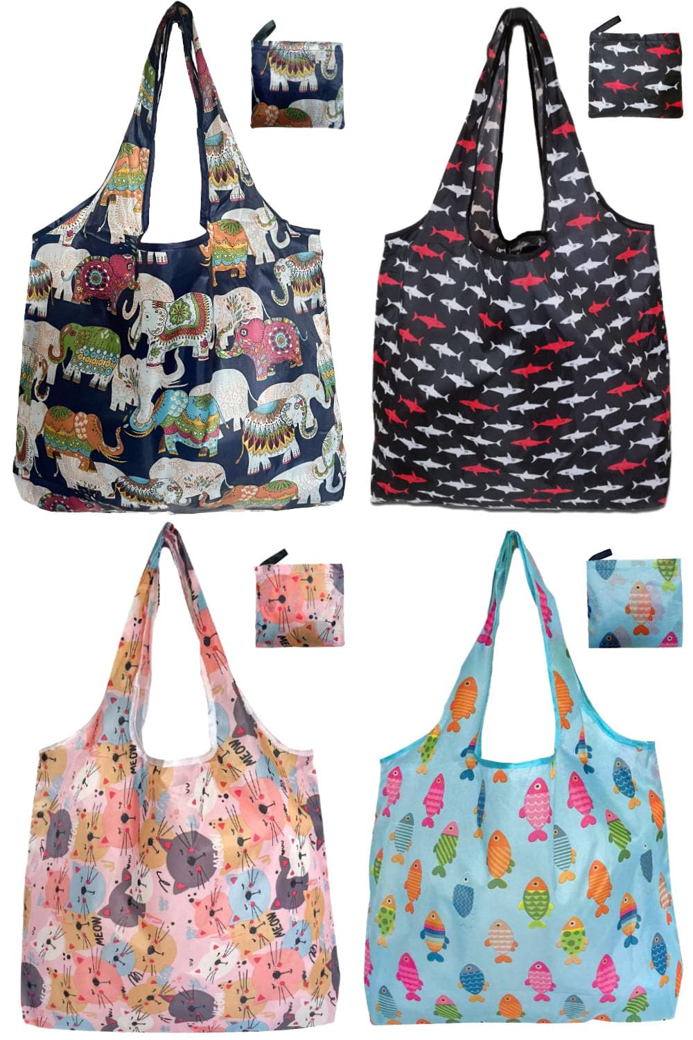 Noilk Reusable Grocery bags, 4 Pack - Lightweight And Compact, Grocery Totes Animal Printed, Machine Washable And Durable, Ideal For Groceries, Travel