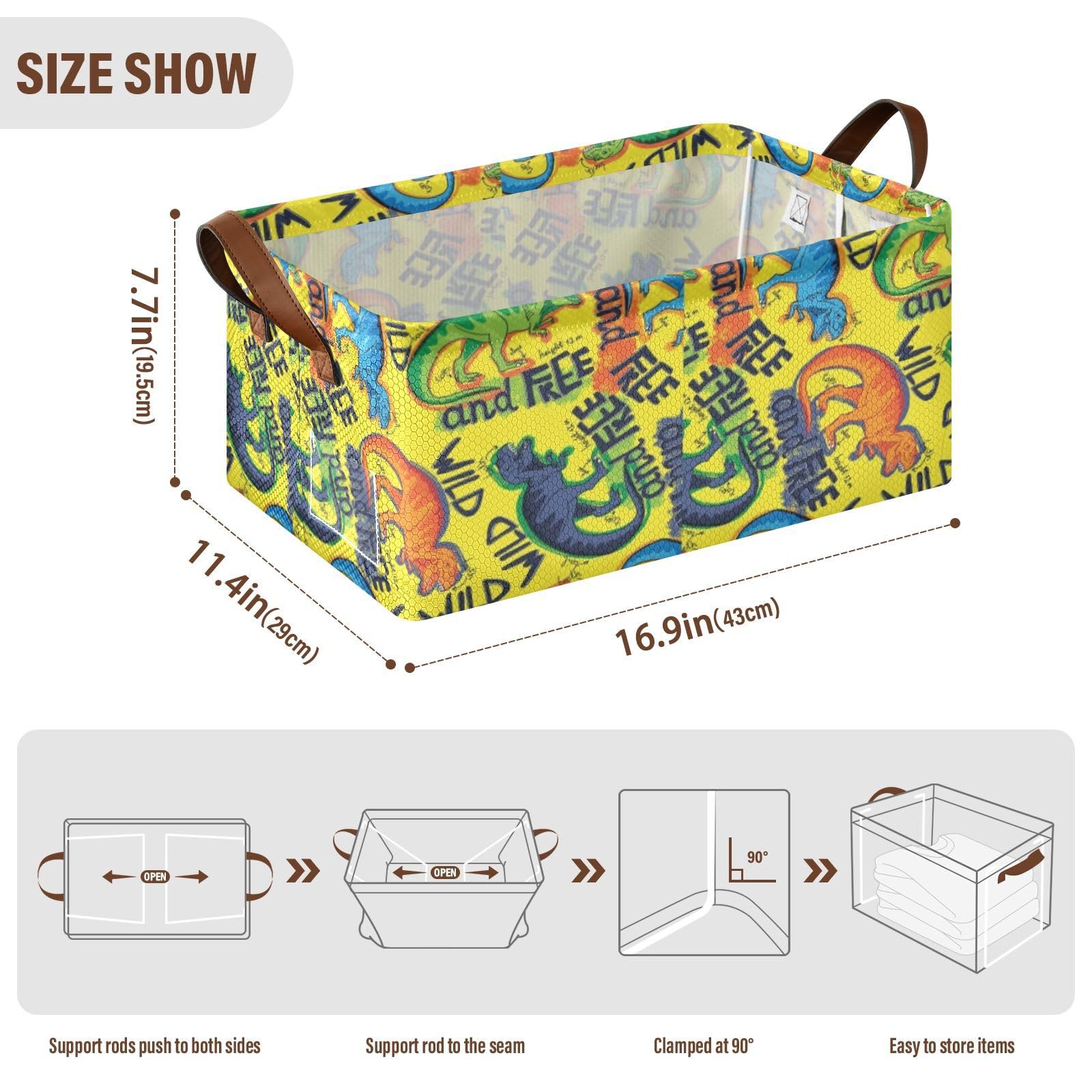Fygkptb Seamless Colorful Dinosaurs Blue Orange Green Dinosaurs on Yellow 2 PC Rectangle Foldable Frame Basket Leather Handles Storage Bin for Laundry Bathroom Organizer 16.9 x 11.4 x 7.7 inch