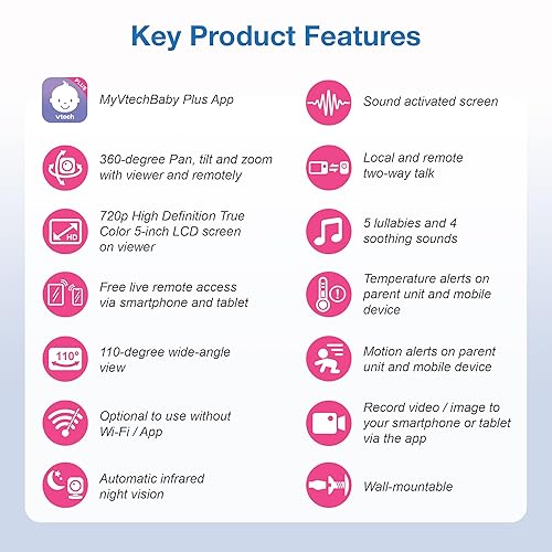 Miniatura 2 de VTech Monitor de bebé inteligente WiFi mejorado VM901 pantalla de 720p de 5 pulgadas cámara de 1080p visión nocturna HD zoom de inclinación