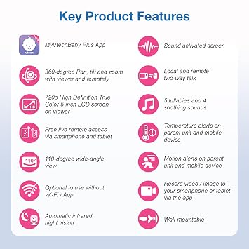 VTech Smart WiFi Baby Monitor See Your Baby at Home or from Anywhere, Free App, 1080p Camera, 5 Screen, Pan-Tilt-Zoom, Night Vision, Two-Way Talk | VM901