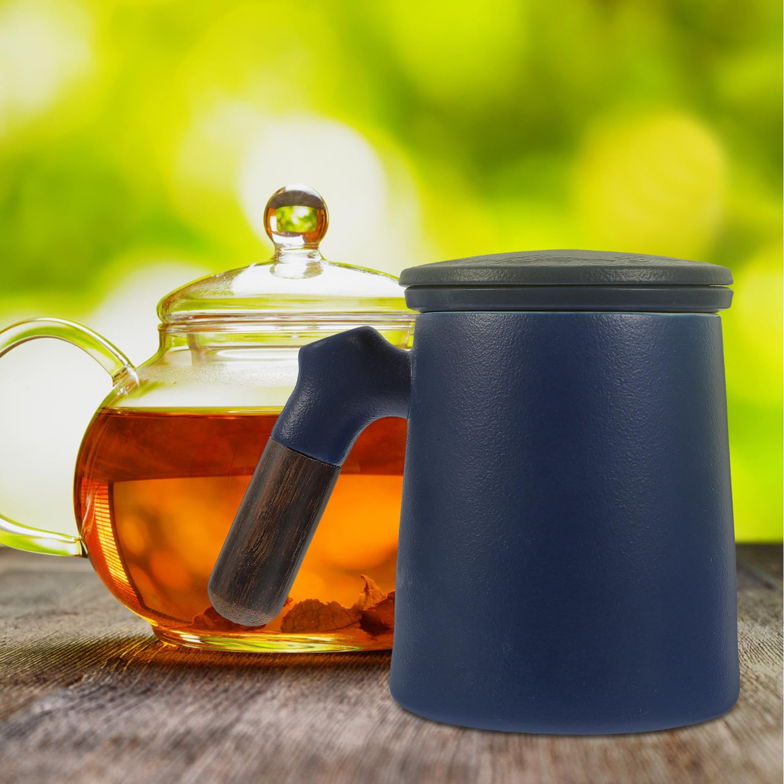 Taza de Té de Cerámica Azul con Filtro y Tapa, 320ml, Mango Anti-escaldaduras para Oficina y Hogar, Previene Residuos de Té
