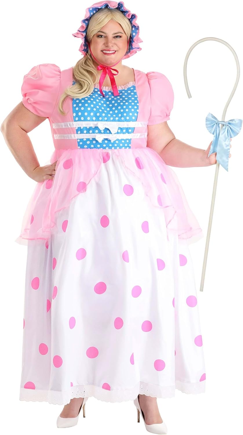 Plus Size Adult Bo Peep Costume Womens, Pink Polka Dot Print Poplin Skirt Shepherd Outfit