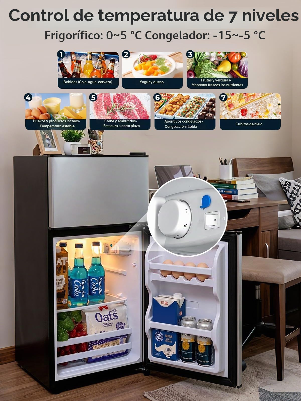 FOHERE Mininevera con Congelador 76L, Nevera Pequeña Silenciosa de 2 Puertas (50L+26L) para Dormitorio y Oficina, Mini Bar Estudiantil de Bajo Consumo para Bebidas y Comida Congelada, 43dB