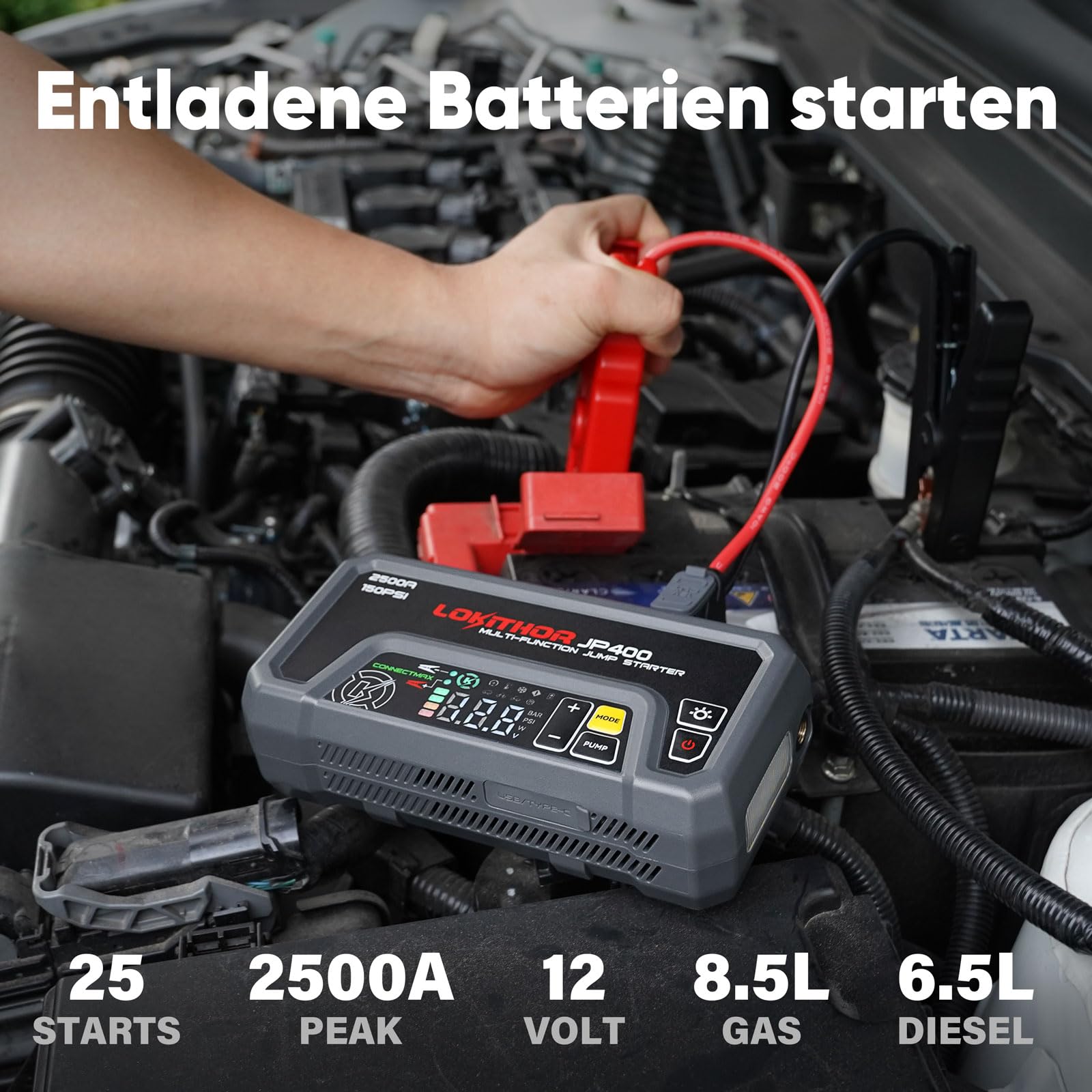 LOKITHOR JP400 Starthilfe Powerbank mit Kompressor, 2500A 12V Jump Starter tragbar für Pkw bis 8,5L Benzin / 6,5L Diesel, 150PSI Reifenfüller mit Auto-Stopp & ConnectMax Technologie