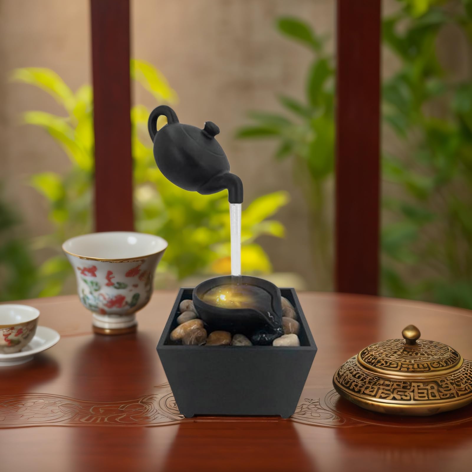 Fuente de agua flotante con luces LED, fuente de mesa zen interior con agua que fluye y piedras para decoración del hogar y la oficina