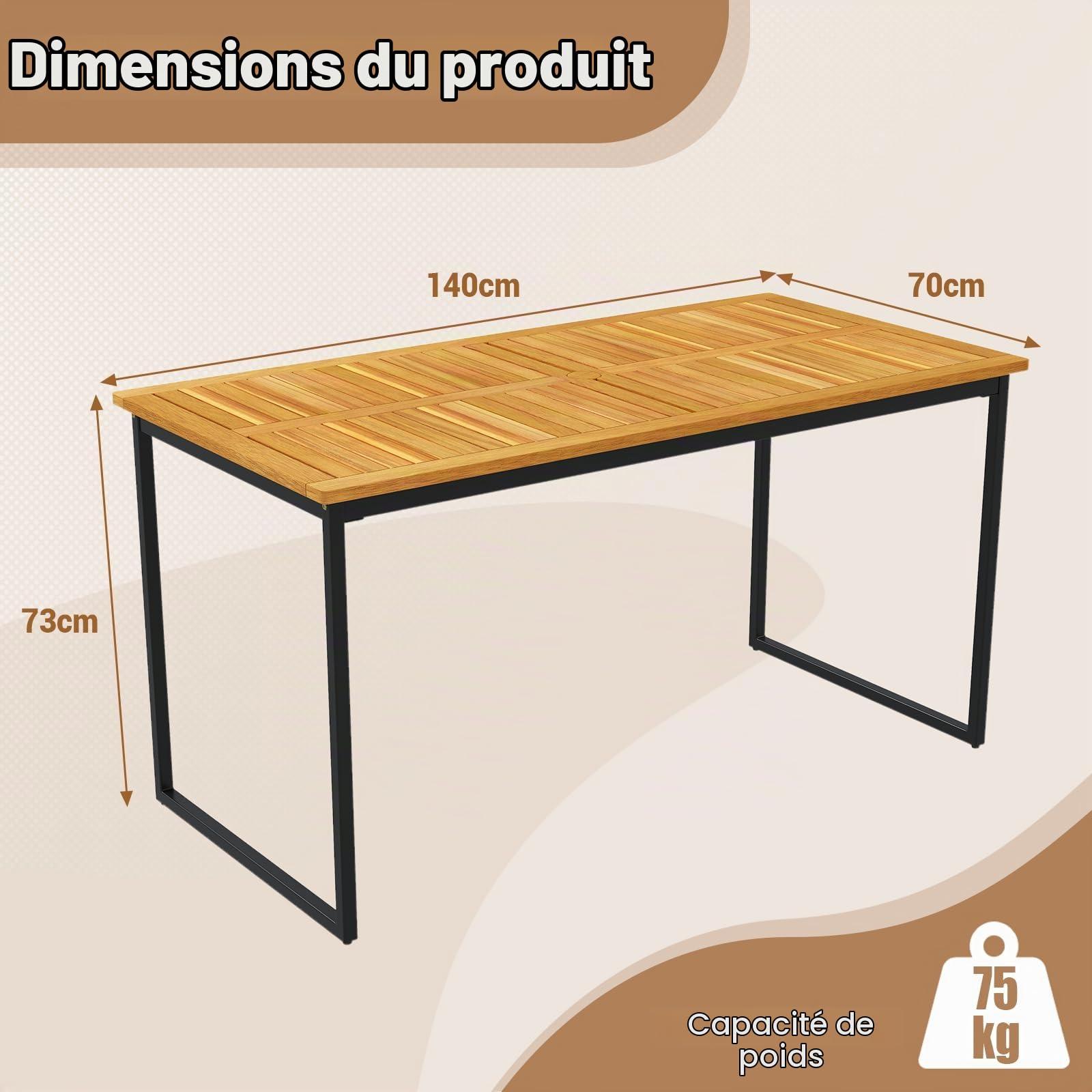KOMFOTTEU Table à Manger de Jardin avec Trou pour Parasol, Table à Manger en Bois d'acacia pour 6 Personnes, 140 x 70 x 73 cm, Extérieur & Intérieur, Tables de Cour avec Jambes en Métal