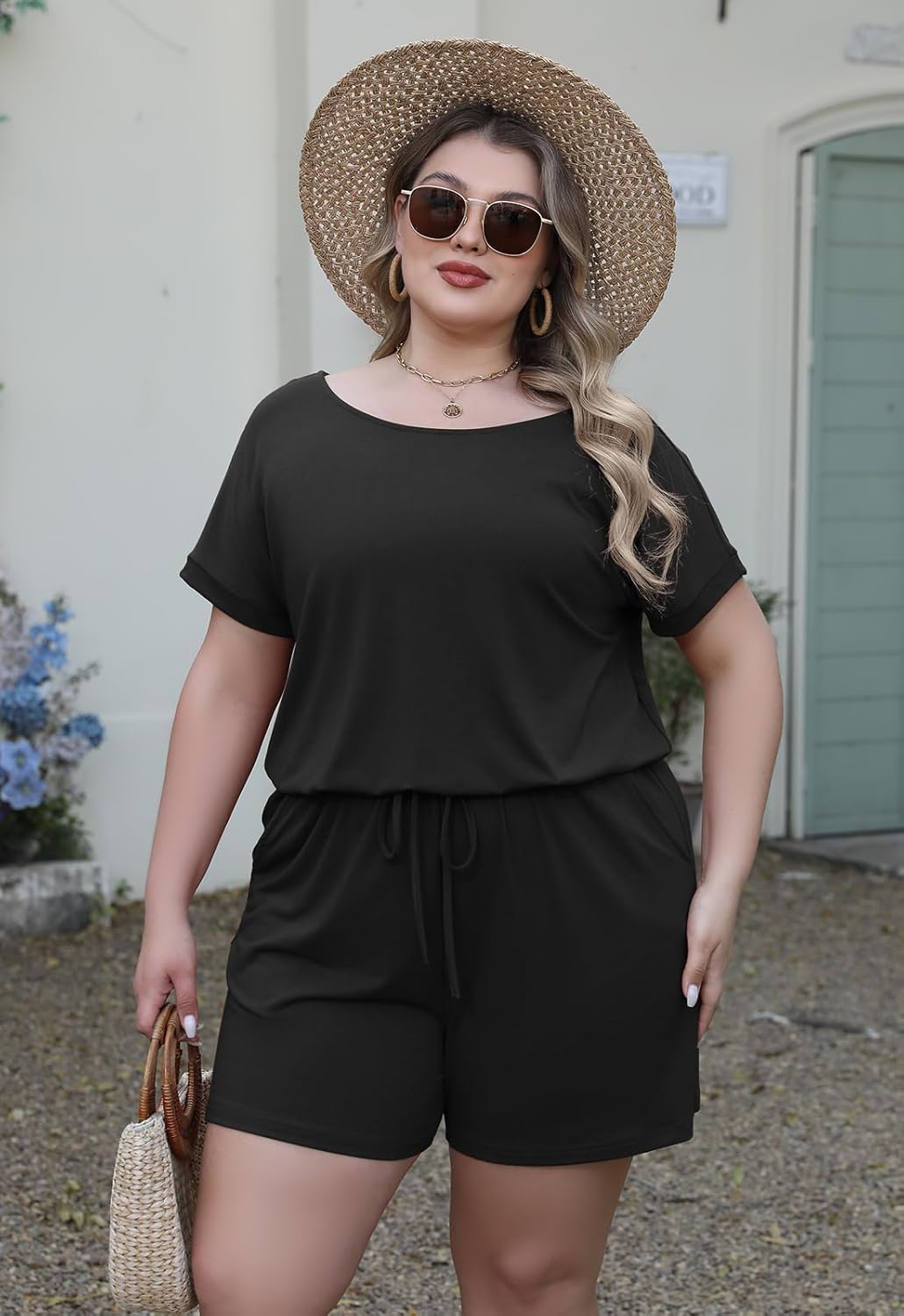 Nemidor Plus Size Rompers for Curvy Women Casual Summer One Piece Short Sleeve Loose Elastic Waist Jumpsuit with Pocket - Image 6