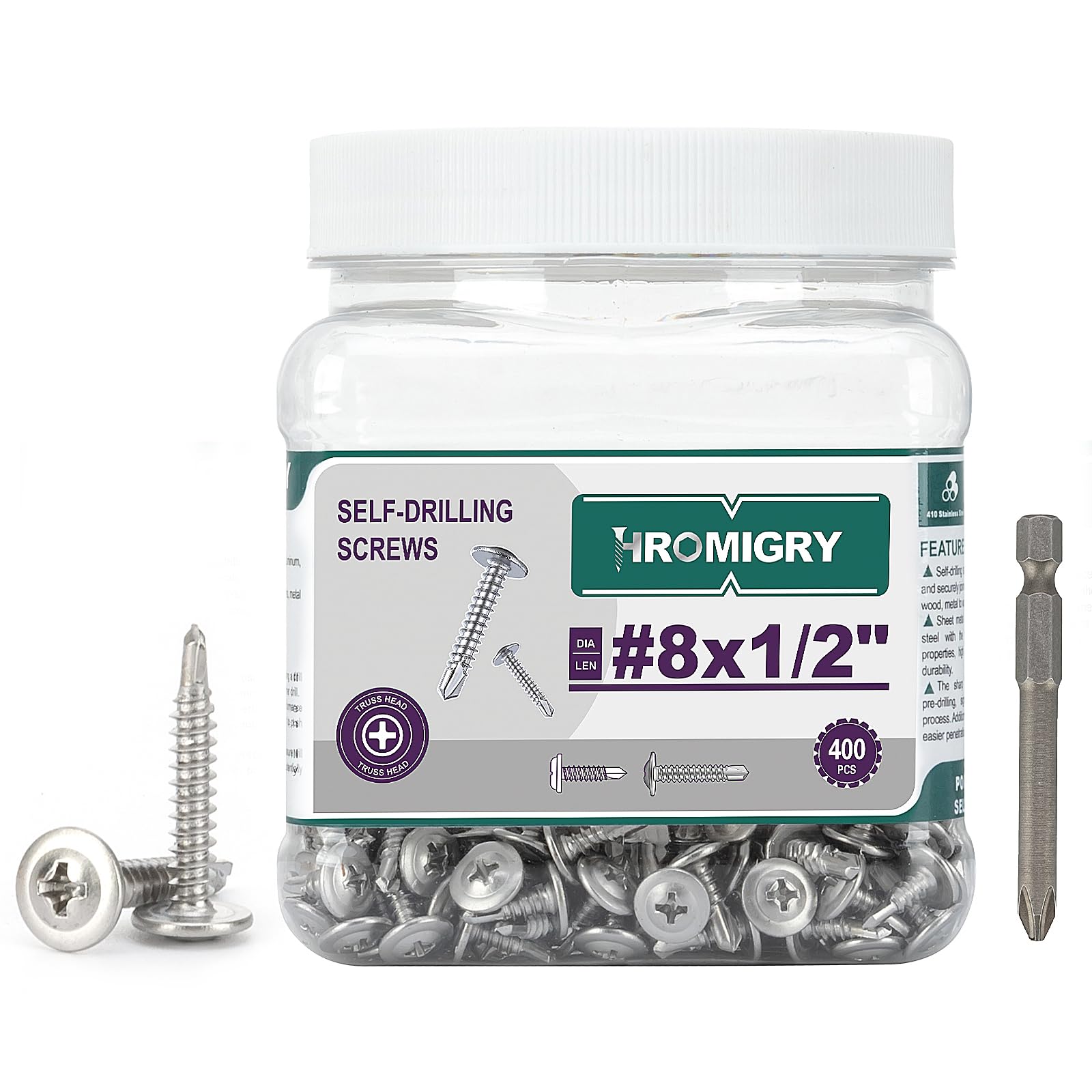 HROMIGRY 8# x 1/2” Self Tapping Sheet Metal Screws (400 PCS), 410 Stainless Steel Self Drilling Screws, Truss Head