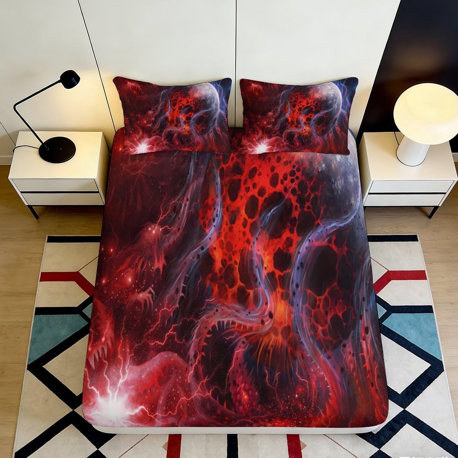 Pnayamiorkfel Style-1 3D Printed Red Cosmic Skull Fitted Sheet Microfiber Deep Black Nebula Mattress Cover For Bedroom Dorm Decor 90X200x25cm