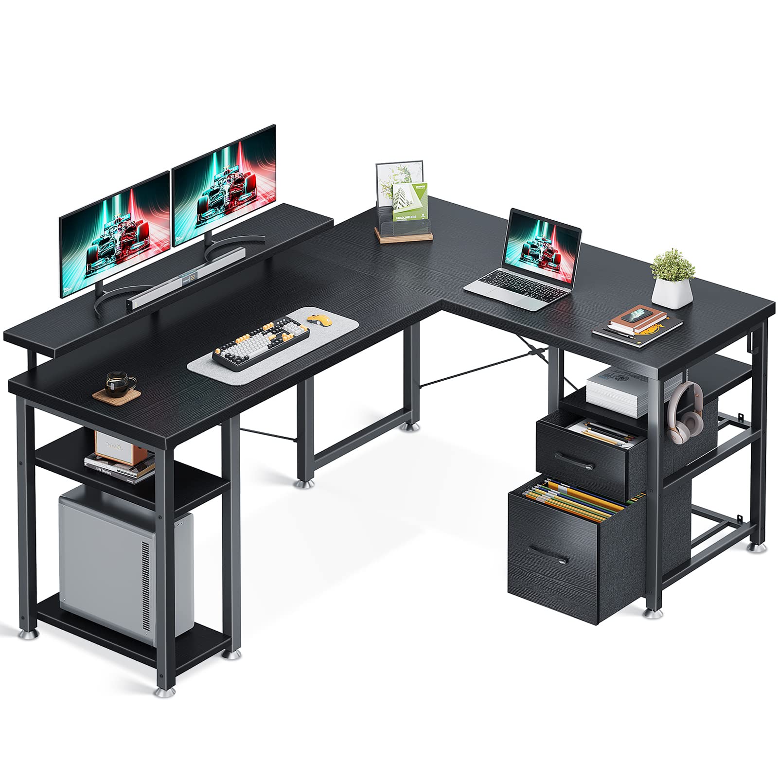 KKL L Shaped Desk with Drawer, 66'' Computer Desk with Storage Shelves, Corner Gaming Desk and Monitor Stand, Home Office Desk, Modern Wooden Desk, Easy to Assemble, Black