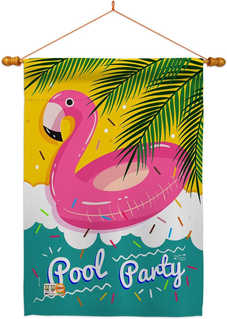 Summer Pool Party House Flag Dowel Set Summertime Fun and Sun Beach Luau Tropical Season Outdoor Sunny Small Decorative Gift Yard Banner Made In USA 28 X 40