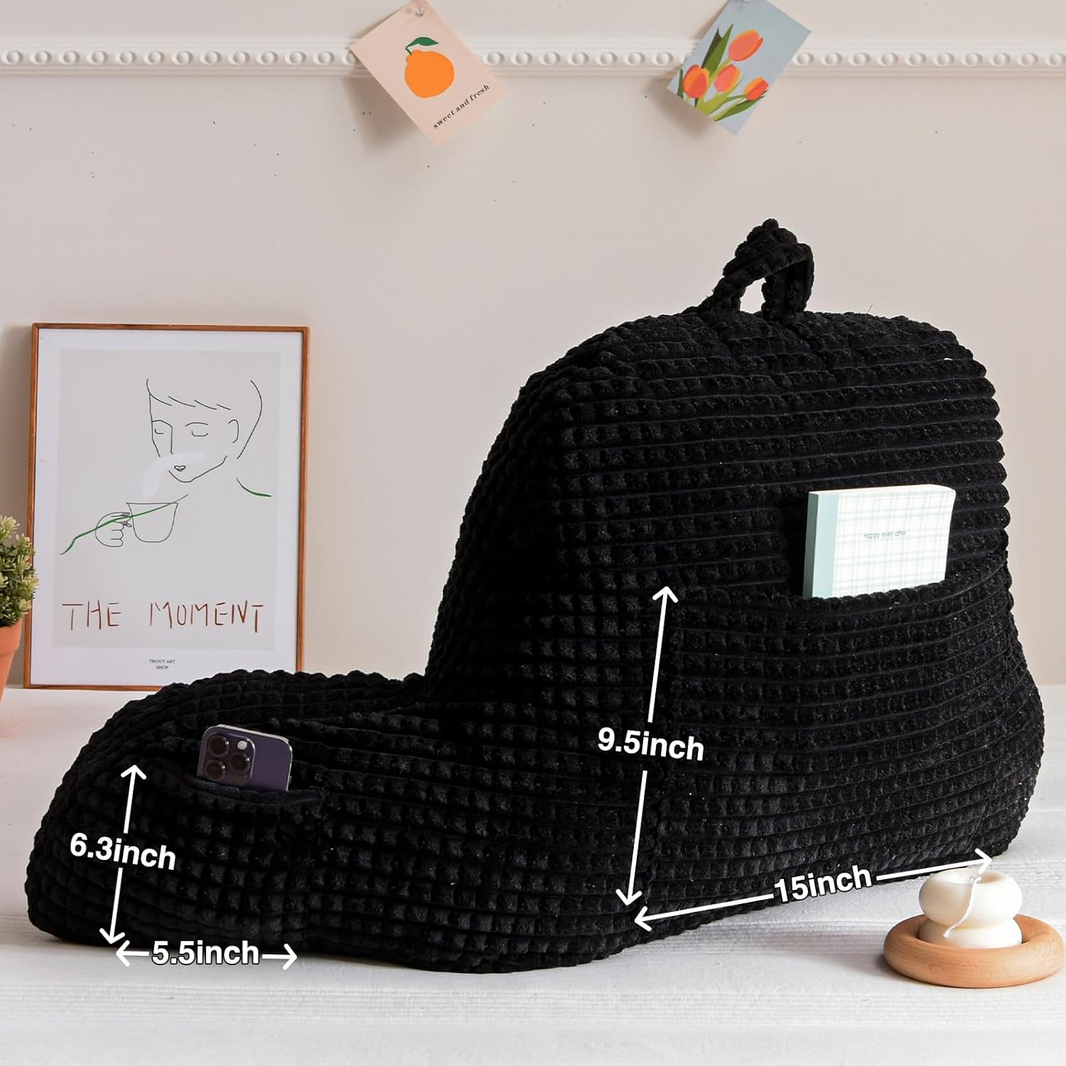 A Nice Night Reading Pillow Bed Wedge Large Adult Children Backrest with Arms Back Support for Sitting Up in Bed/Couch for Lounging Bedrest,Waffle Stereoscopic Design,Black
