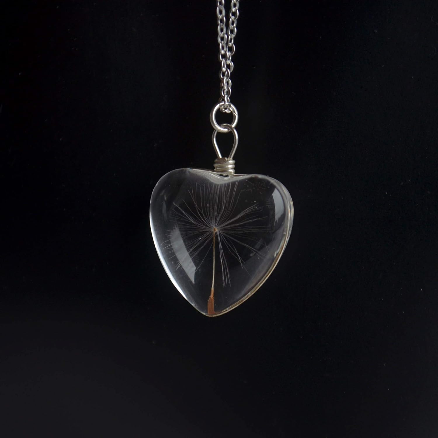 Dandelion Make a Wish Real Flowers Heart Love Glass 925 Sterling Silver Chain Necklace for Women Handmade