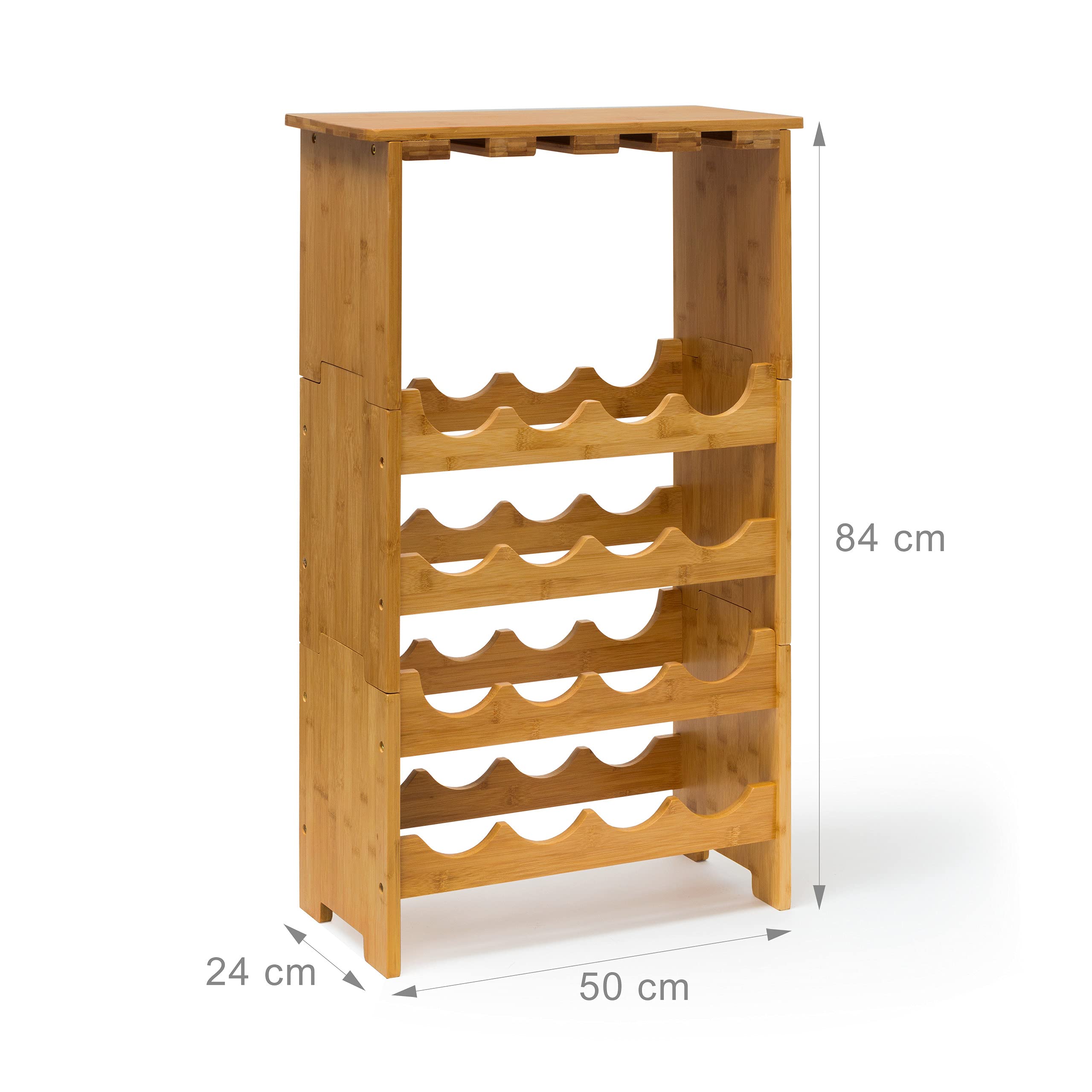 Relaxdays Scaffale per 16 Bottiglie di Vino, Portabottiglie, 84x24x50 cm, Cantinetta in bambù, Calici, Legno Naturale