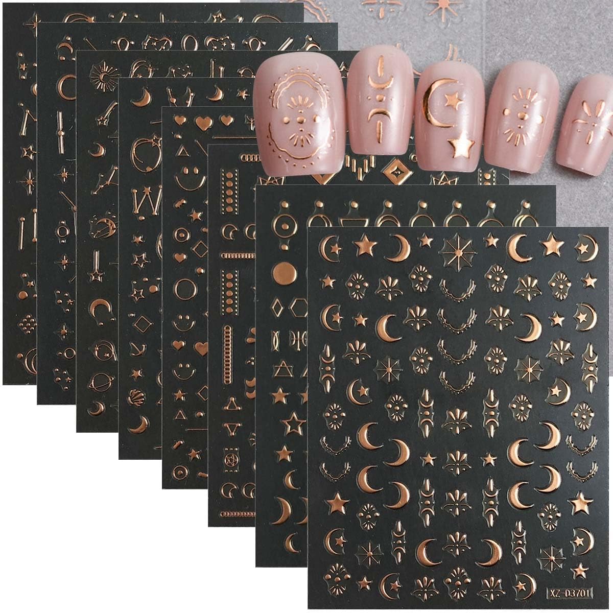 12 Sheets Rose Gold Nail Art Stickers,Celestial Moon Star
