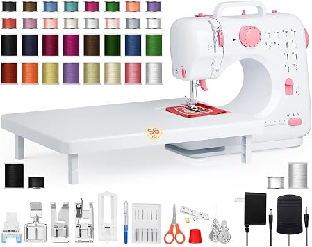 Portable Sewing Machine for Beginners, Small Easy to Use with 12 Built in Stitches, Reverse Stitching, Extension Table, LED Light, 32 Color Thread Kit for Home Mending, Crafts, Kids and Adults, Pink