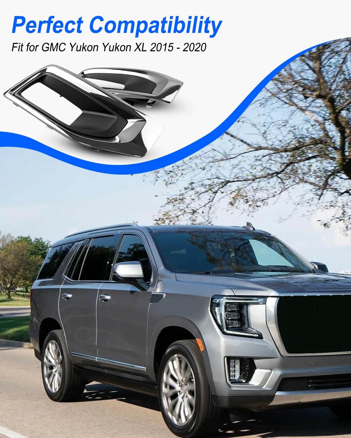 TIKSCIENCE Fog Light Covers Bezel Fit for GMC Yukon Yukon XL 2015-2020 Replace GM1038187 22936426 22936427 GM1039187, Front Driving Bumper Fog Lamp Trim Cover Chrome, 1 Pair