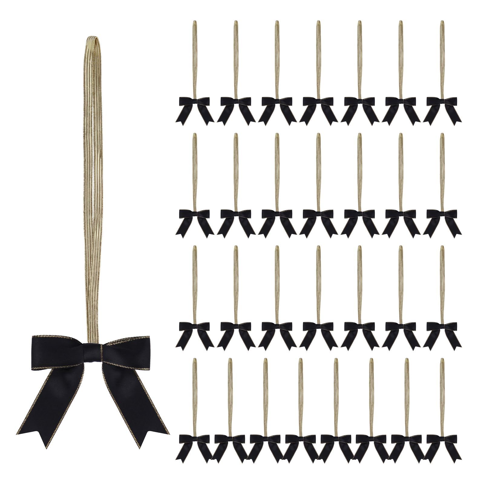 Meseey 30pcs 8 Inch Gold Stretch Elastic Loops with Black Pre-Tied Double Face Satin Gold Edge Ribbon Bows for Gift Wrapping,Baby Showers, Weddings,