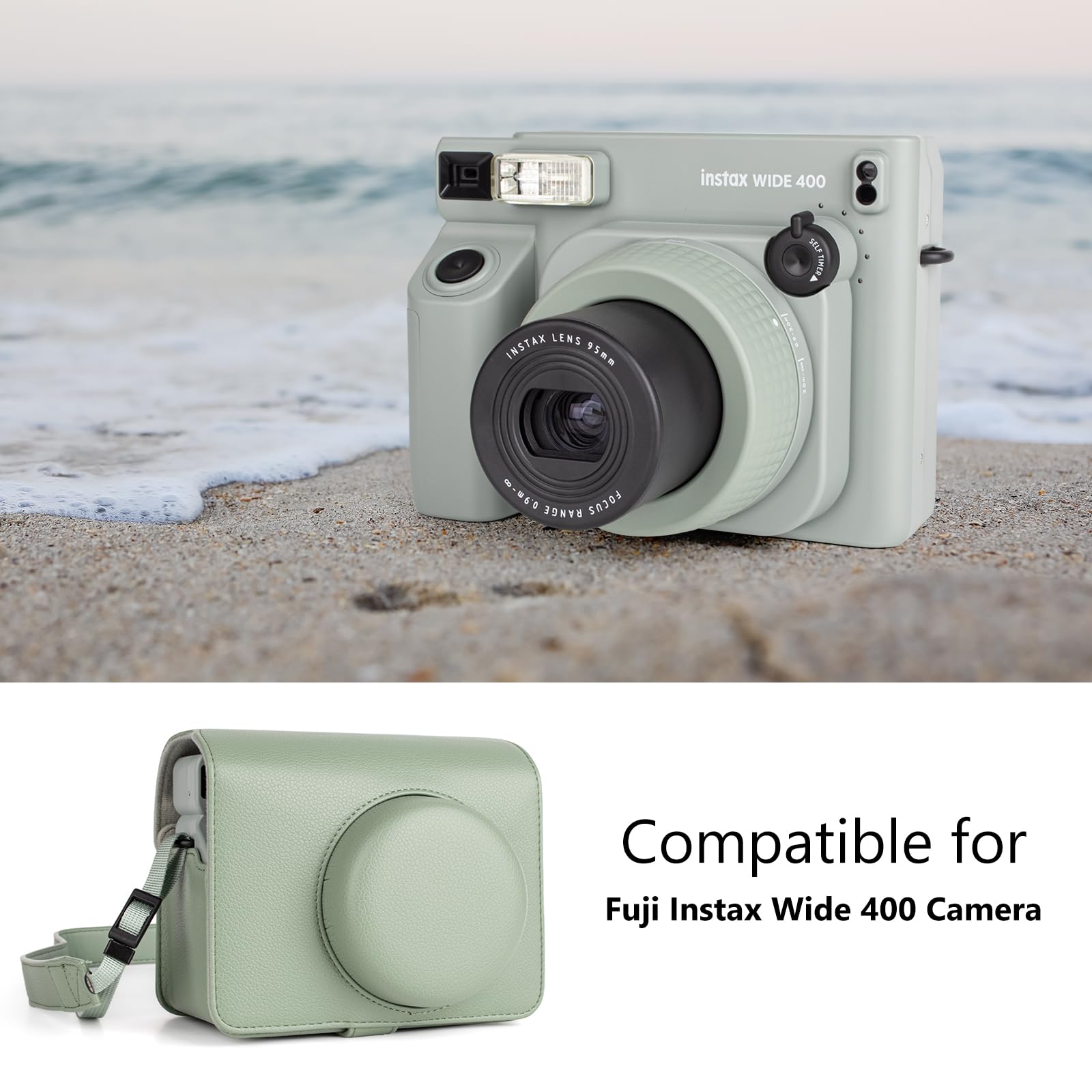 MUZIRI KINOKOO Custodia Compatibile per Instax Wide 400 Instant Camera, Custodia Protettiva in Pelle PU per Fuji Instax Wide 400 Instant con Tracolla Regolabile - Verde
