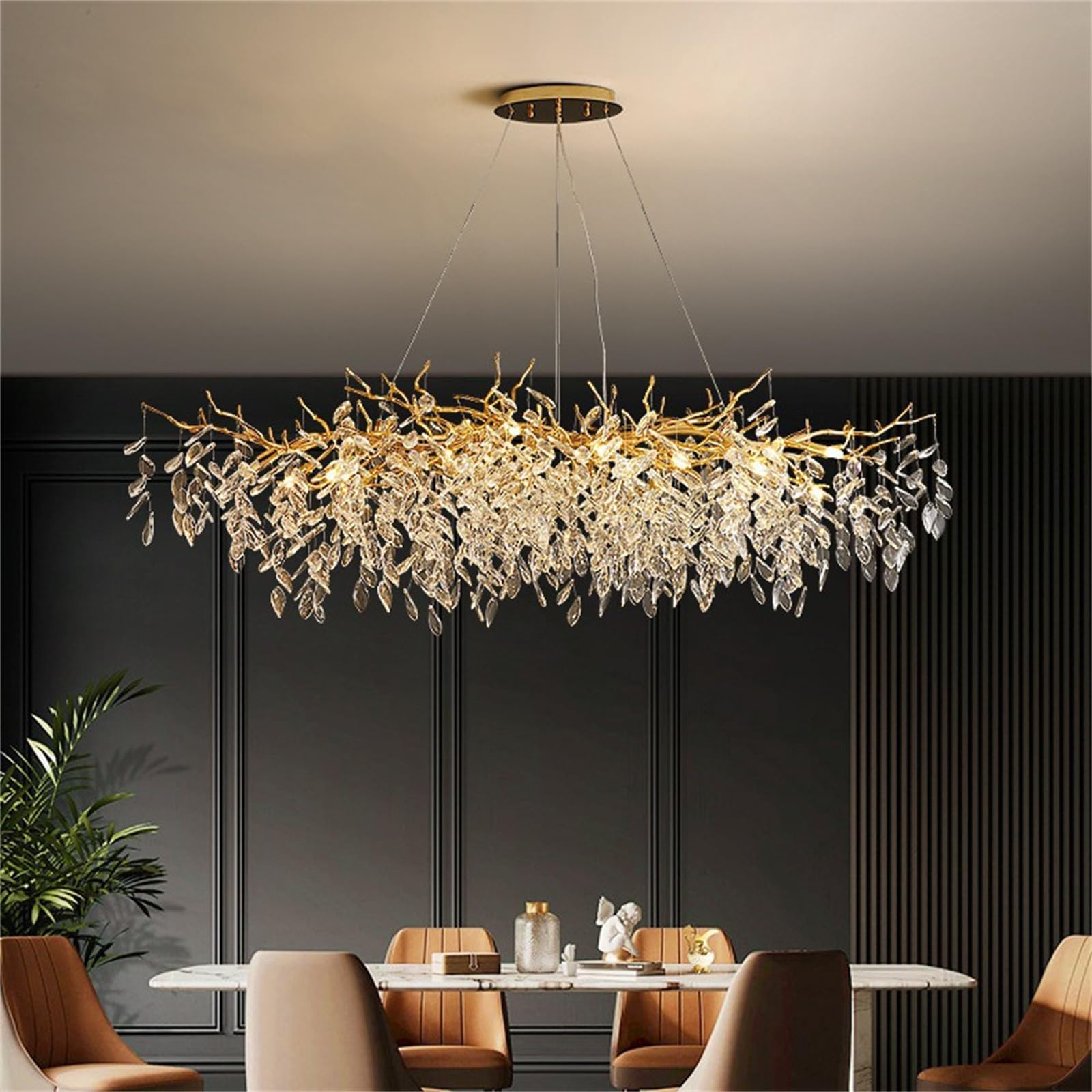 KXEcoLife Modern Crystal Chandelier,Tree Branchs Chandeliers,L120cm 12-Lights Rectangle Hanging Pendant Light Fixture for Dining Living Room Entryway Foyer Stairway Bedroom Hallway