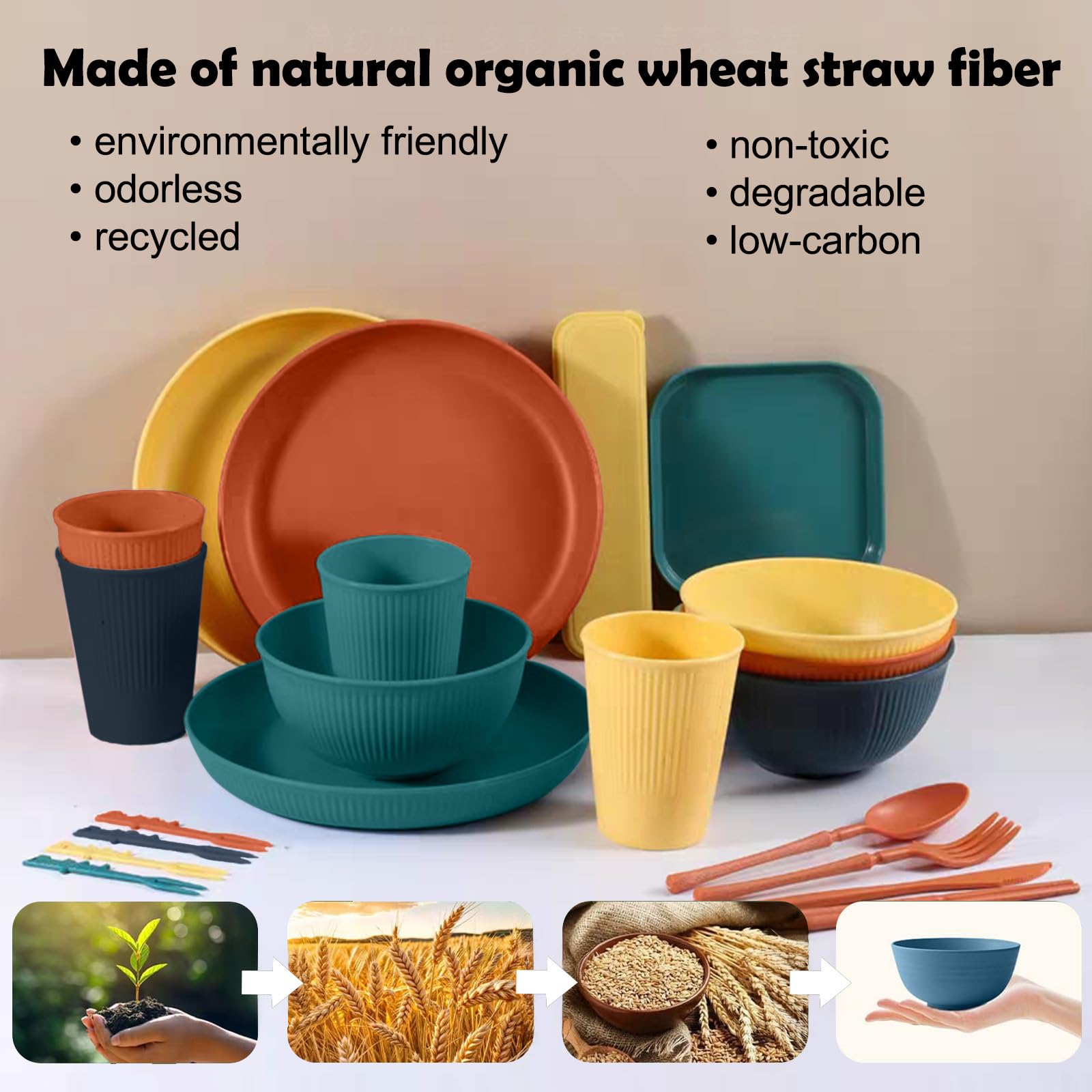 Set di stoviglie infrangibili per 4 persone, piatti da campeggio, ciotole, tazze, posate, leggero, con custodia, adatto al microonde e alla lavastoviglie, picnic all'aperto, camper