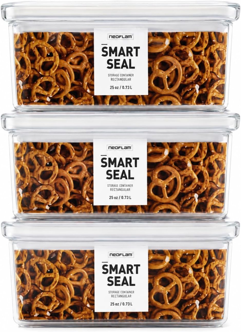 Neoflam Smart Seal Airtight Food Storage Containers Set of 3, 0.73L Pantry Containers for Cereal, Flour, Rice & Dry Food, Stackable BPA-Free Clear Canisters with Twist Lock Lids, White, 25 oz