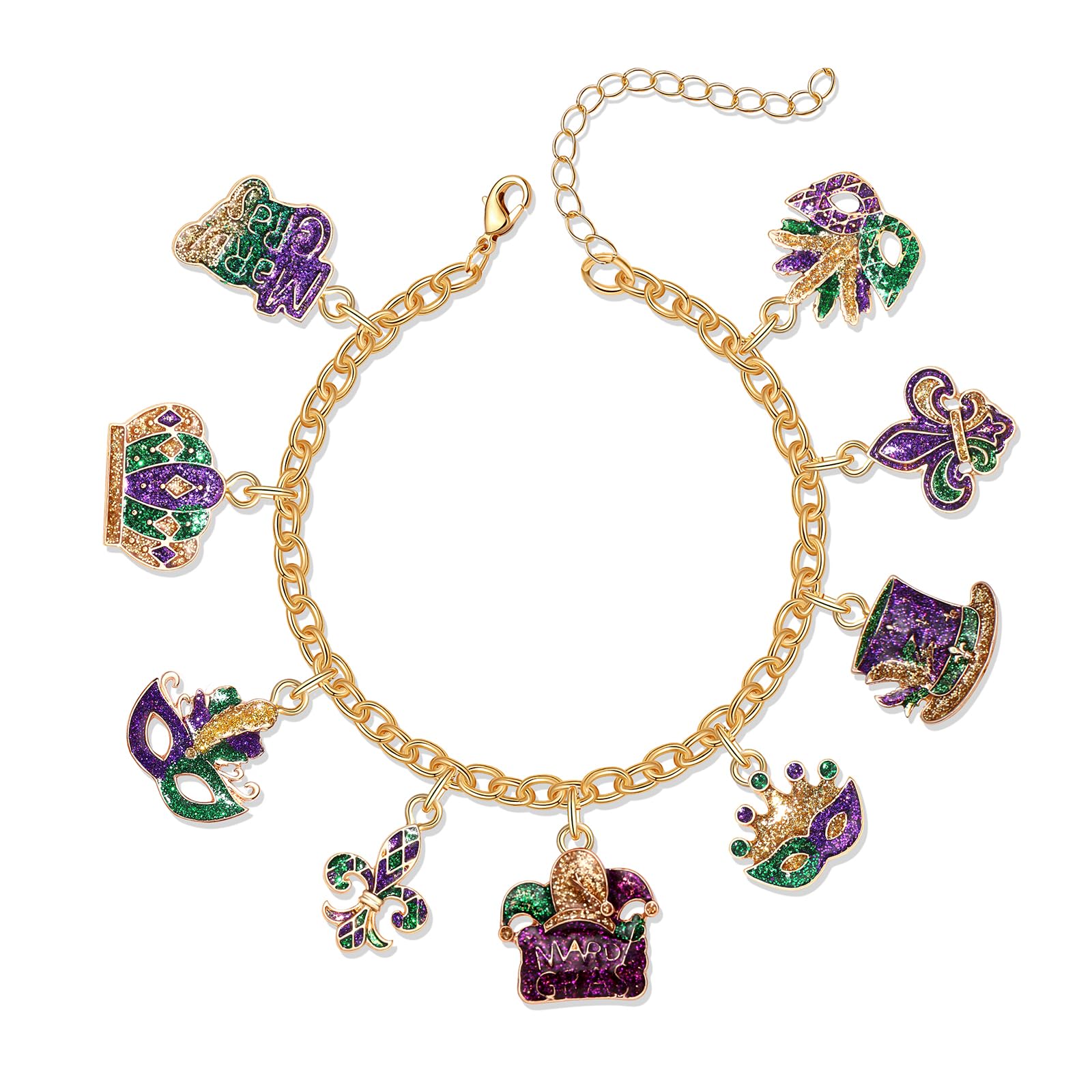 HEIDKRUEGER Mardi Gras Bracelet Gold Chain Carnival Charm Pendant Bracelet Purple Green Yellow Bracelet for Women Mardi Gras Party Jewelry