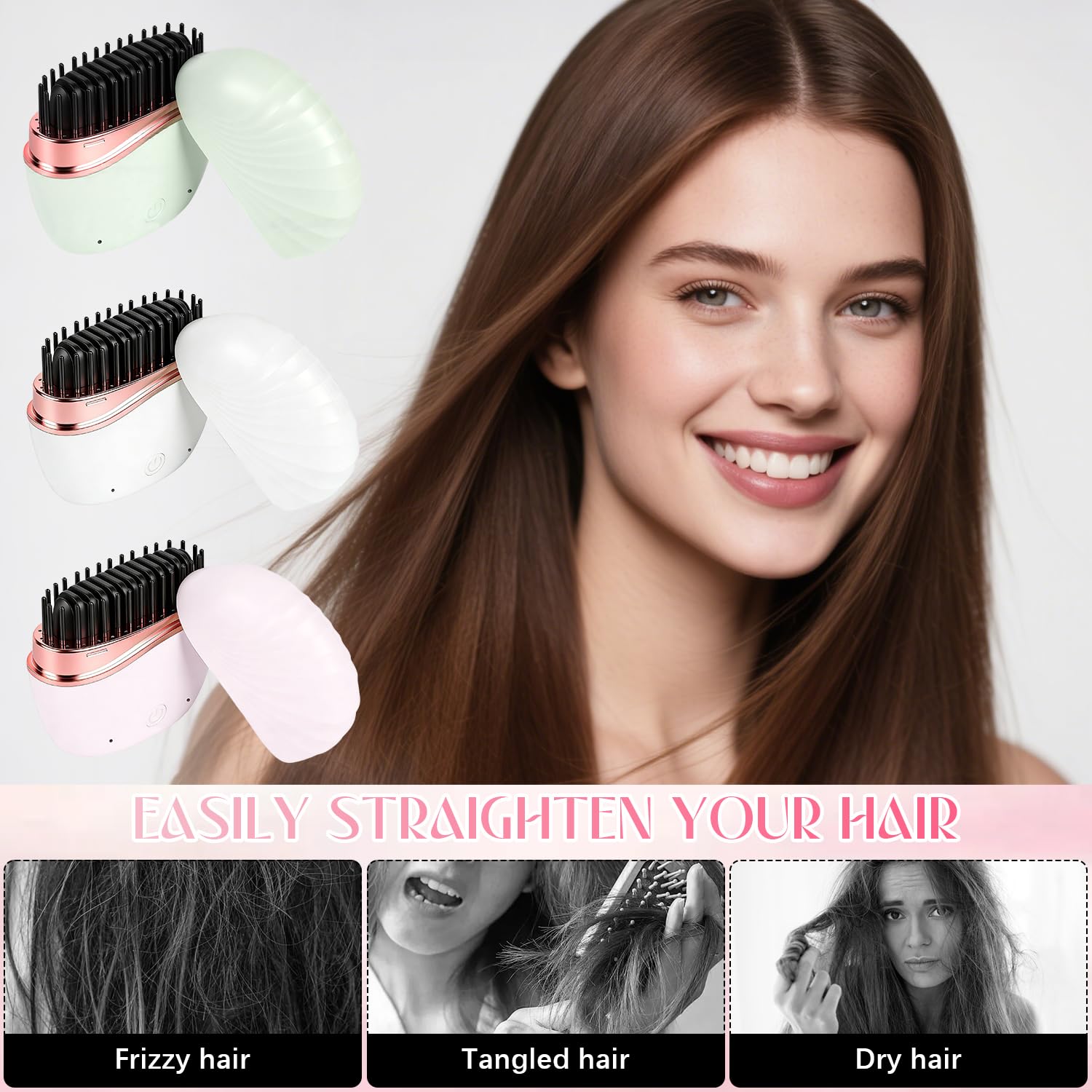Mini Glätteisen, Mini Haarglätter für Frauen, Neue Tragbare Kabellose Wiederaufladbare Bürste, Schnelle Wärme mit Drei Temperaturreglern, Hitzebeständiger Reisekamm (Weiß)