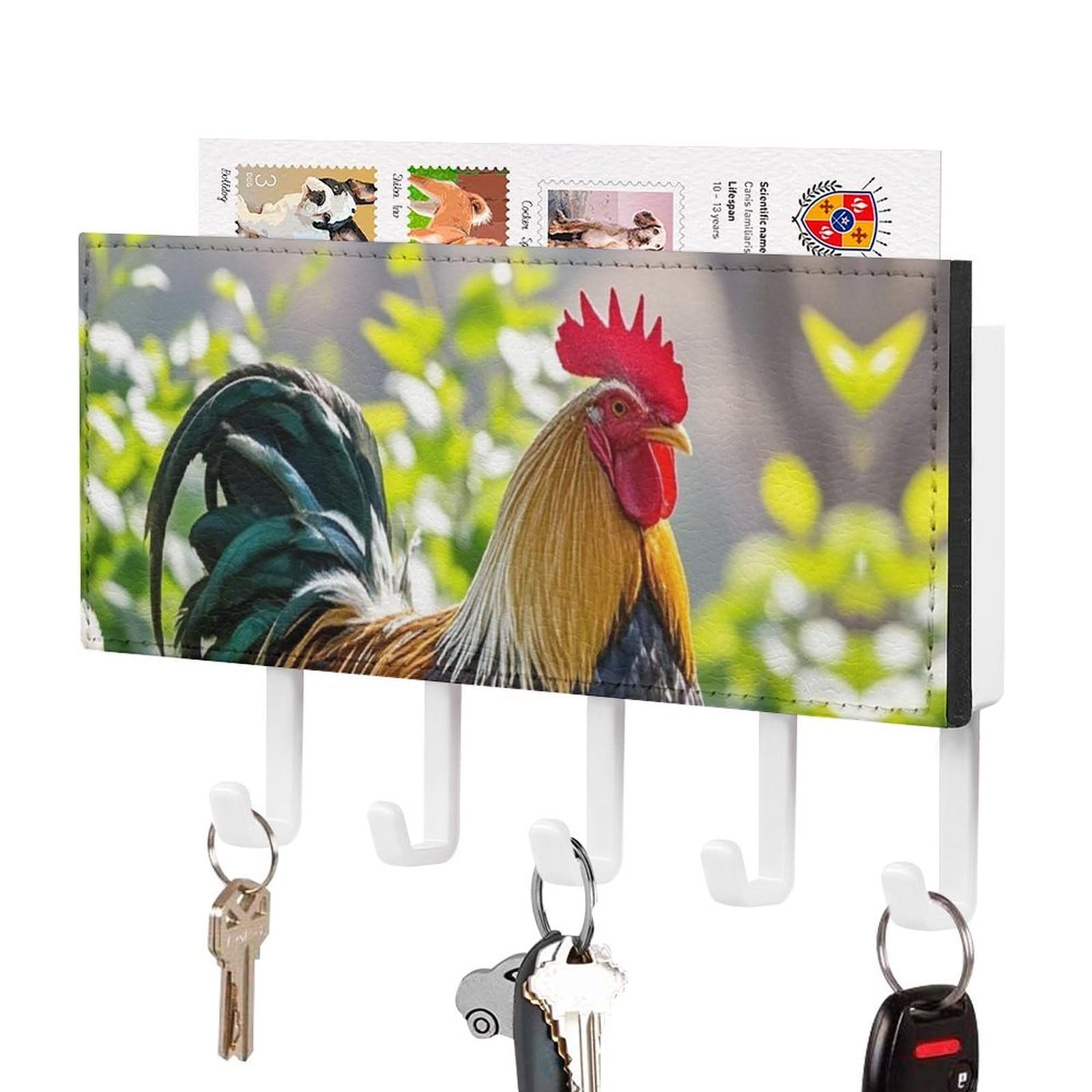 FekiLoot Rooster and Hen Key Holder Wall Mount Key Hanger with 5 Hooks Decorative Key Rack Hanging Key Hooks with Mail Organizer Key Holder for Wall Living Room Kitchen Bathroom Hallway White