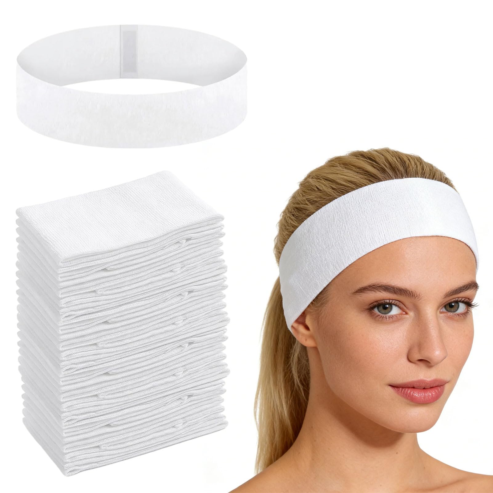 Disposable Headbands for Facials, 50 Pcs Disposable Headbands with Adjustable Velcro Fasteners, Non-Woven Elastic Disposables Hair Bands, Hair-fixing Spray for Beauty Enthusiasts and Spa Professionals