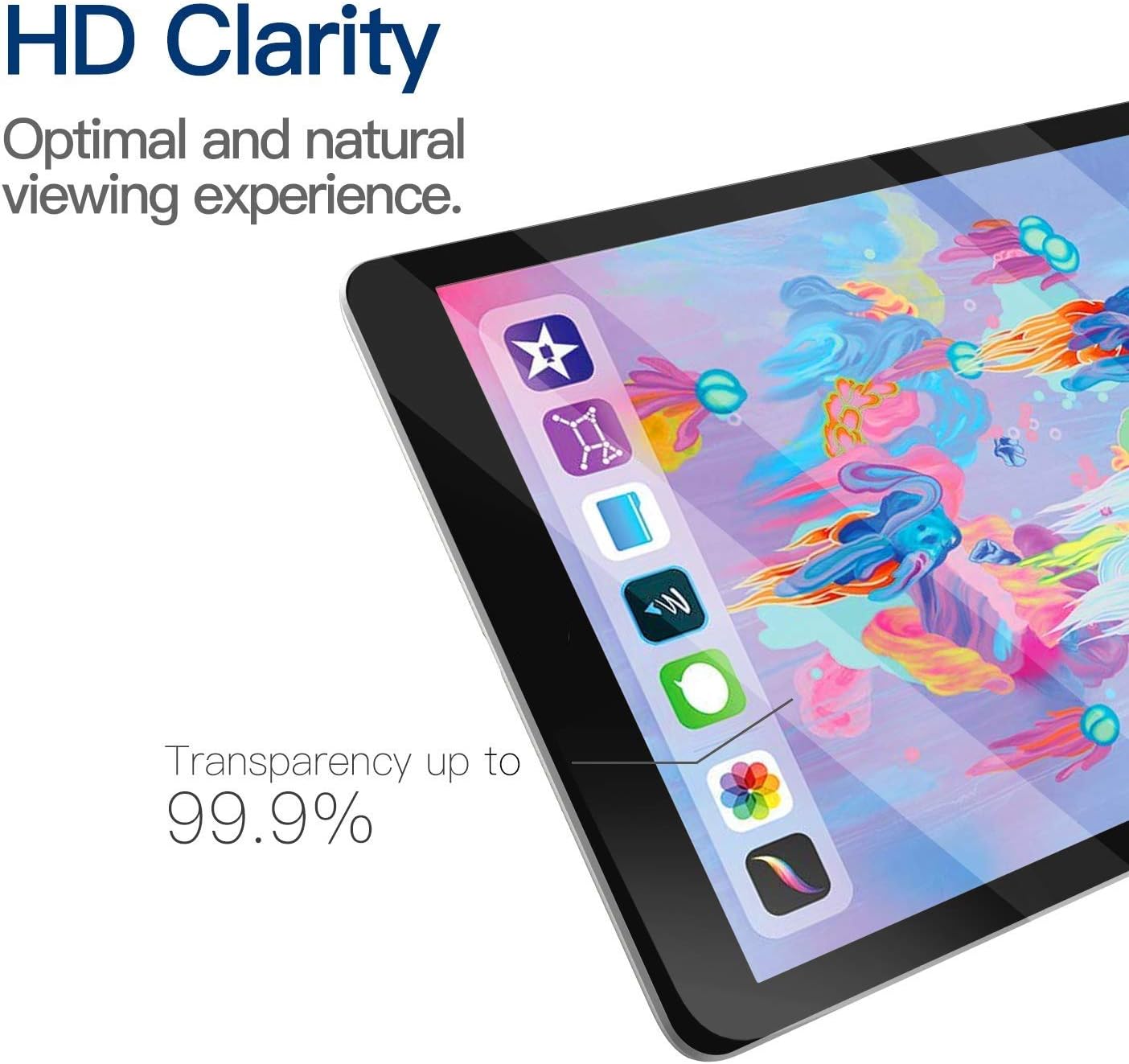 Image showing a tablet screen displaying vibrant app icons, with text indicating 'HD Clarity' and 'Transparency up to 99.9%', emphasizing the visual quality.