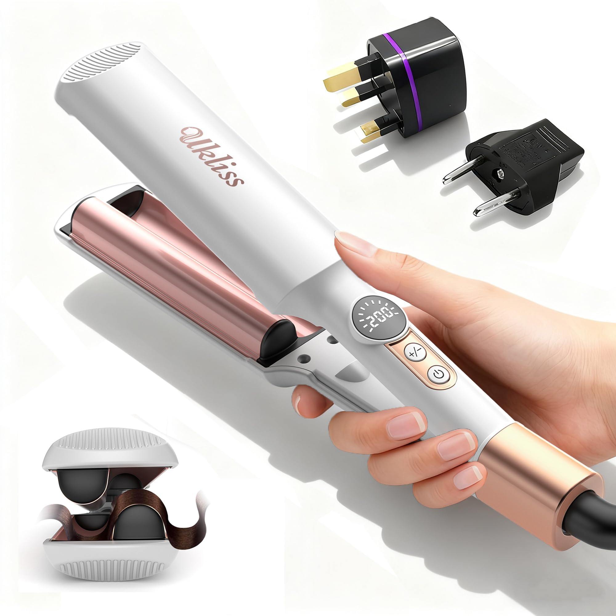 Ukliss Mini Hair Waver, Travel Dual Voltage Deep Wave Curling Iron, White