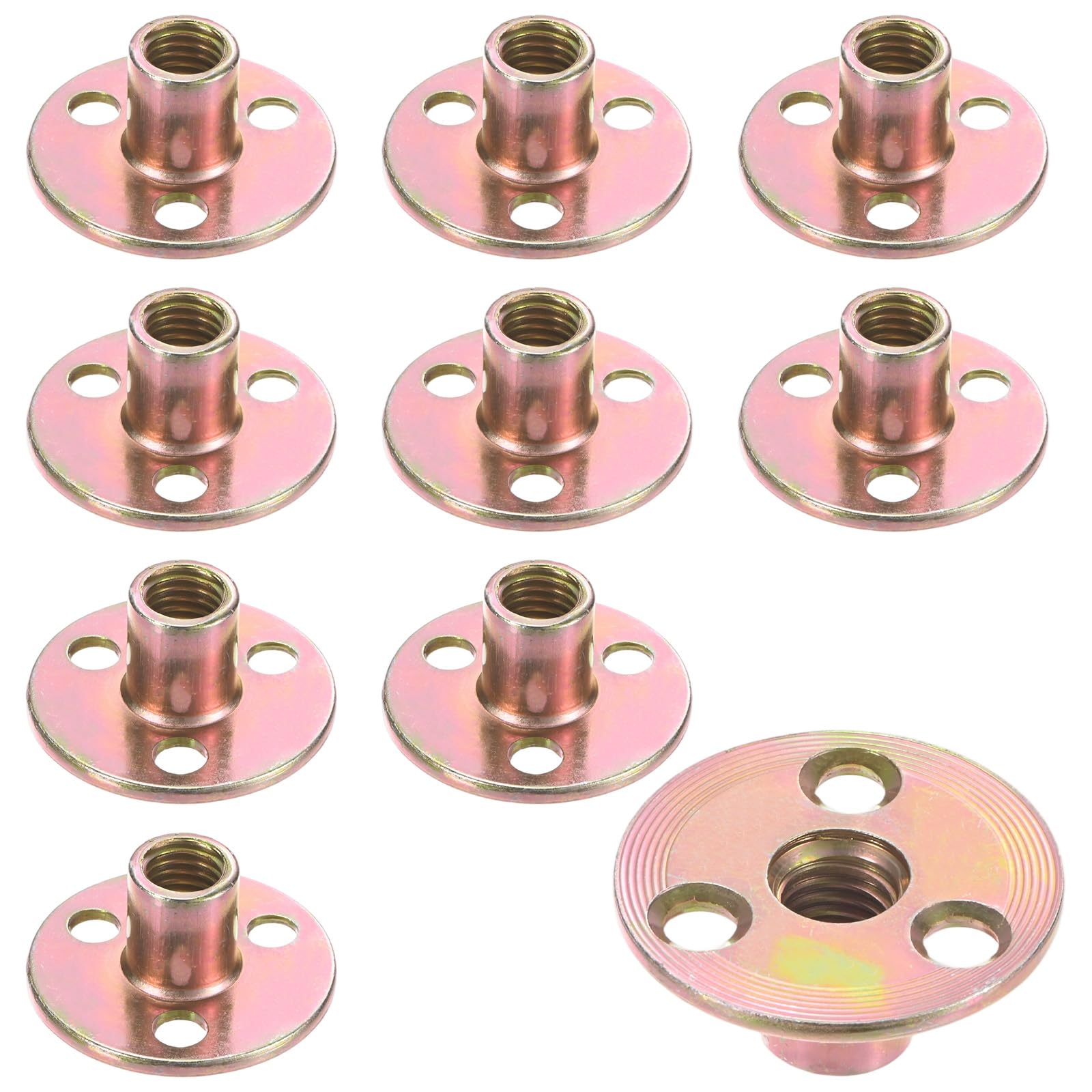 M METERXITY 10-Pack M10x17mm T-Nuts Zinc Plated Carbon Steel Tee Nut 3-Hole Round Base Weld Nuts Through Hole Furniture Hardware Flange Insert Female Thread Gold
