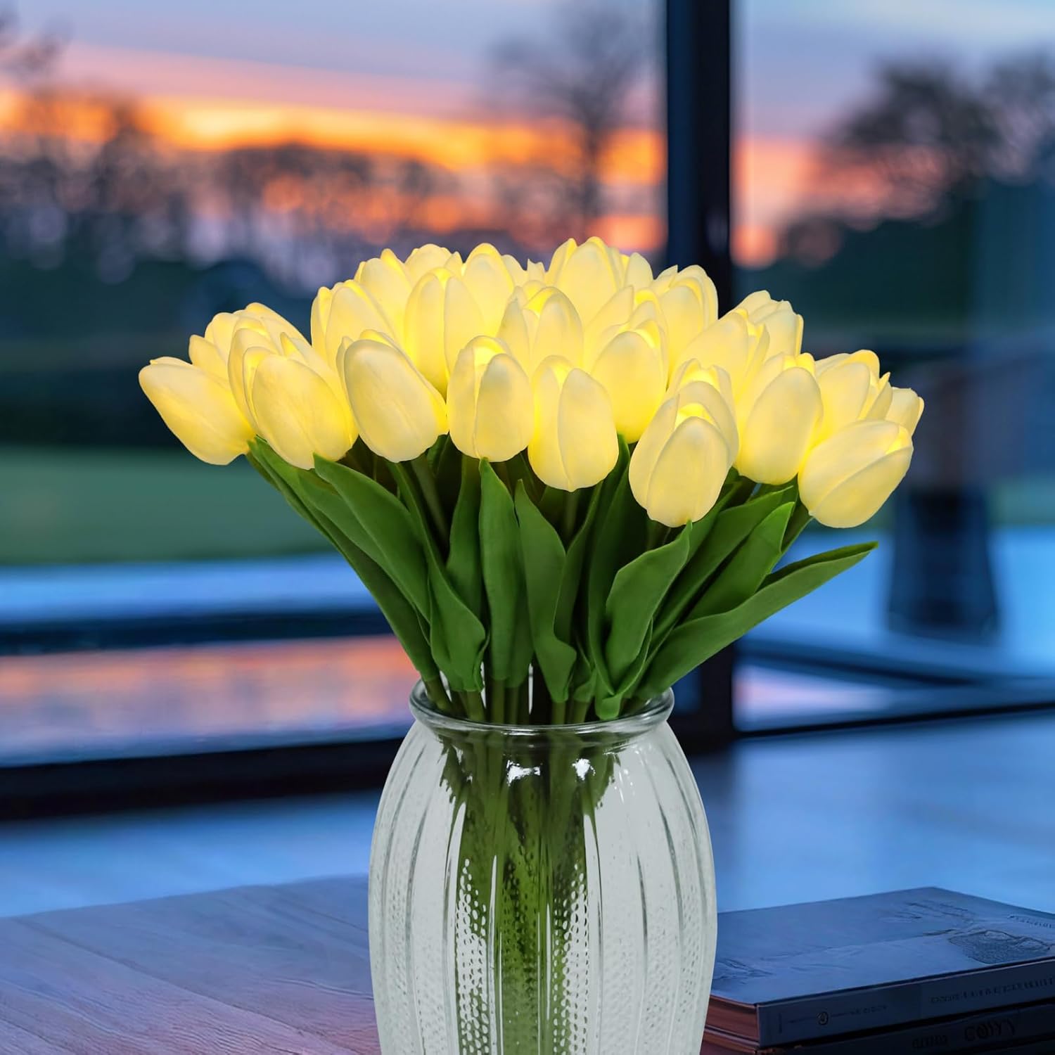 Pre-Lit 20pcs LED Lighted Fake Flowers Artificial Tulips Real Touch Tulip Bouquet 15" Faux Tulips for Easter Decor Spring Decor Mother's Day Home Kitchen Wedding Decorations(Cream) - Image 2