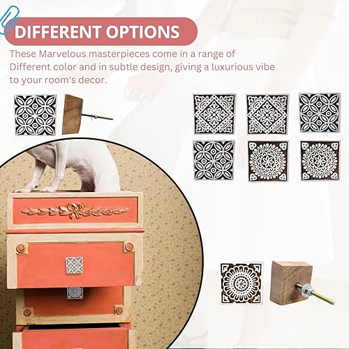 Miniatura 10 de Hashcart Pomos de madera florales para gabinetes, 6 pomos de madera hechos a mano para armarios y cajones, pomos de madera para cajones de tocador,