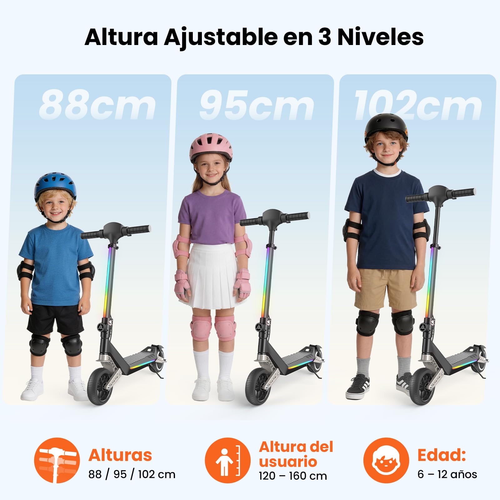 isinwheel Patinete Electrico Niño K6,6-12 Años,Ruedas Macizas 6.5",3 Velocidades5/10/16 km/h,Doble Suspensión Delantera y Trasera,3 Modos LED, Bluetooth,Plegable Ajustable,Carga Máxima 70 kg