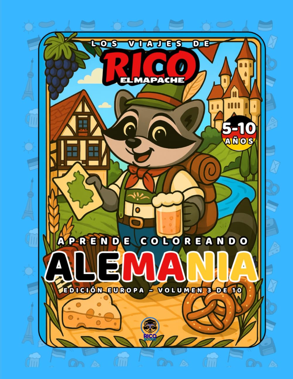 Alemania – Libro de colorear educativo para niños (5–10 años) | Los Viajes de Rico el Mapache – Volumen 3