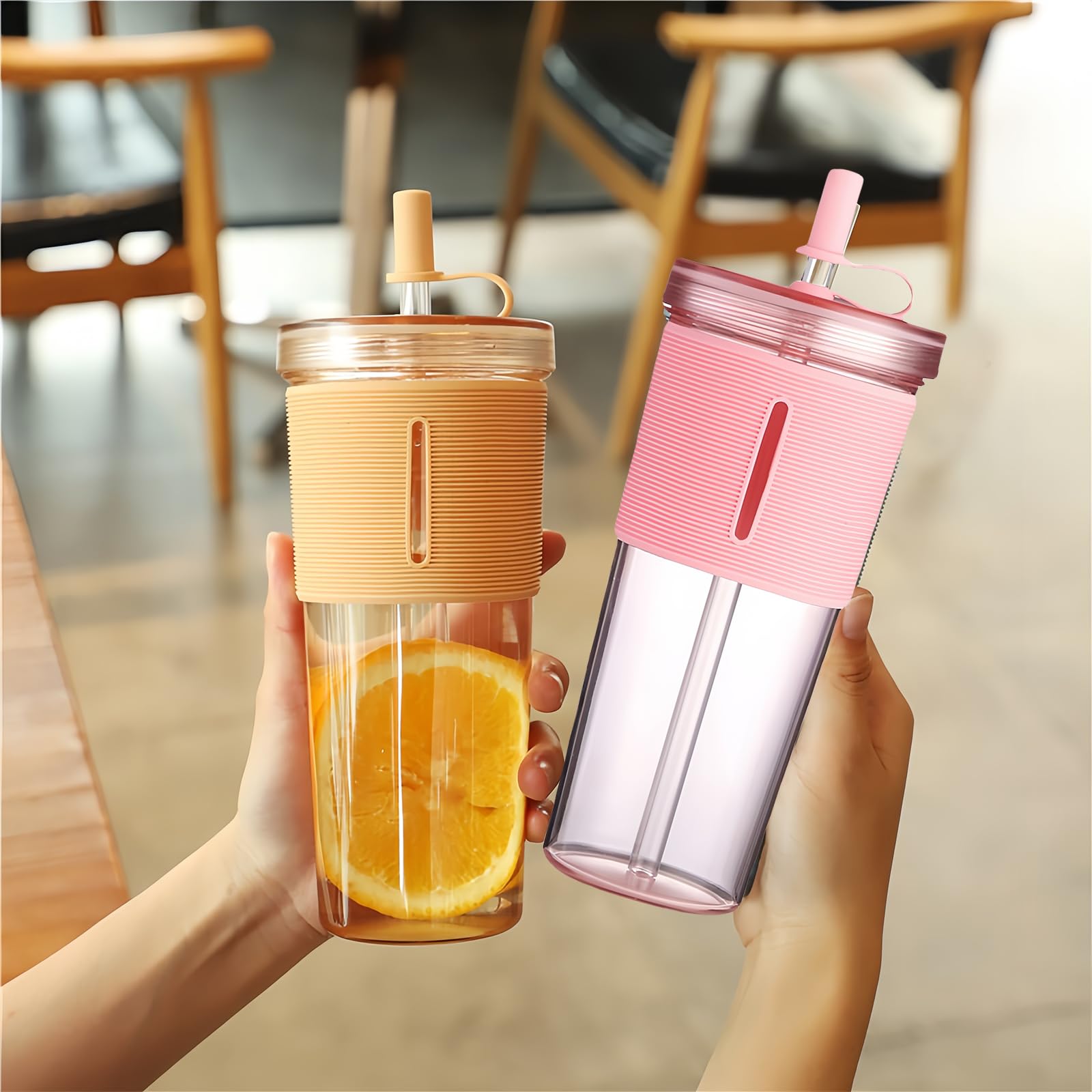 Bicchiere da 710 ml con coperchio e cannuccia, 2 bicchieri da tè con cannuccia, bicchieri di plastica con coperchio, bicchieri con paglia, per smoothie, per caffè freddo, tazza (rosa, cachi)