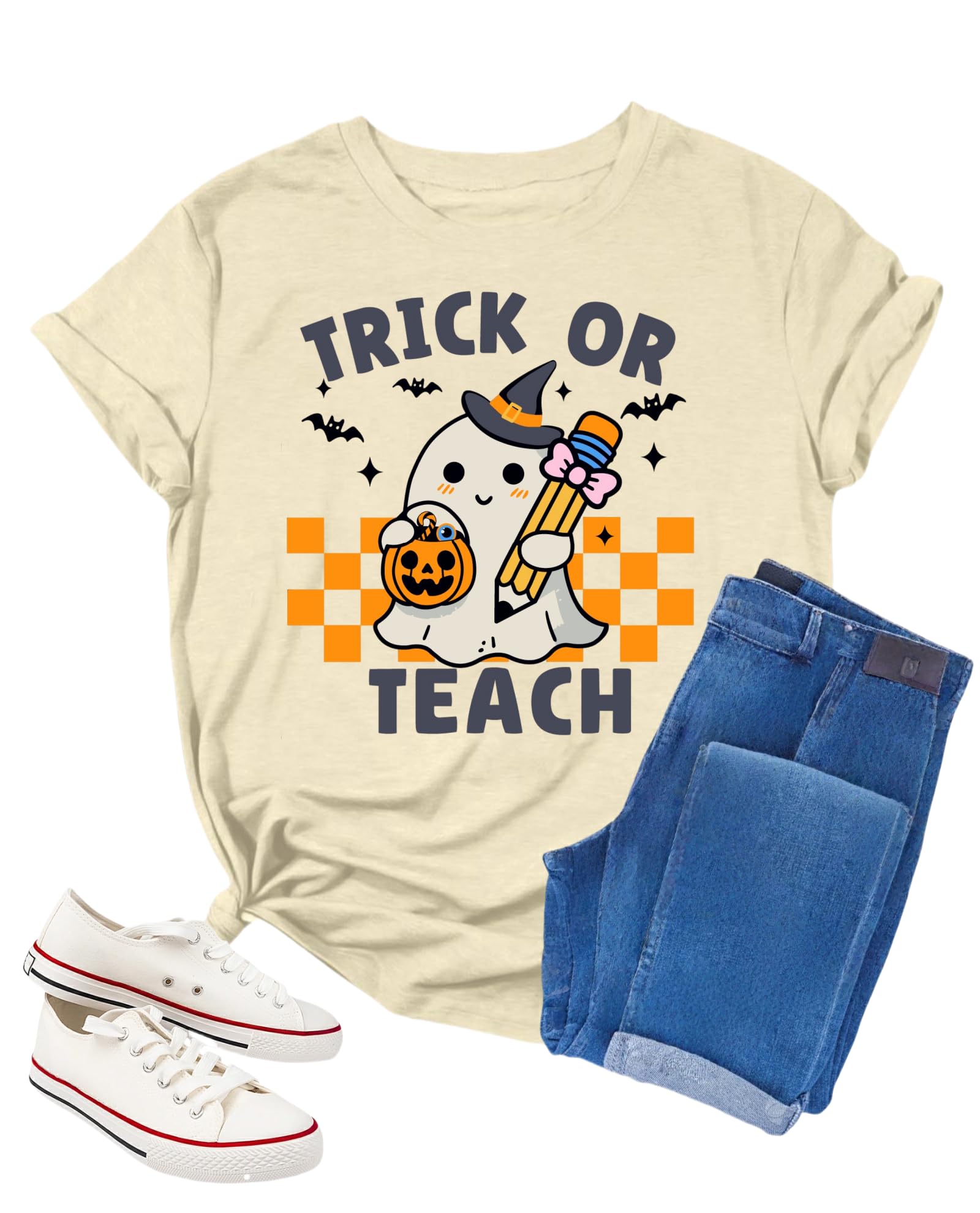 Halloween Teacher Shirts for Women Trick Or Teach Shirts Ghost T Shirt Bookish Tee Funny Cute Short Sleeve Tops