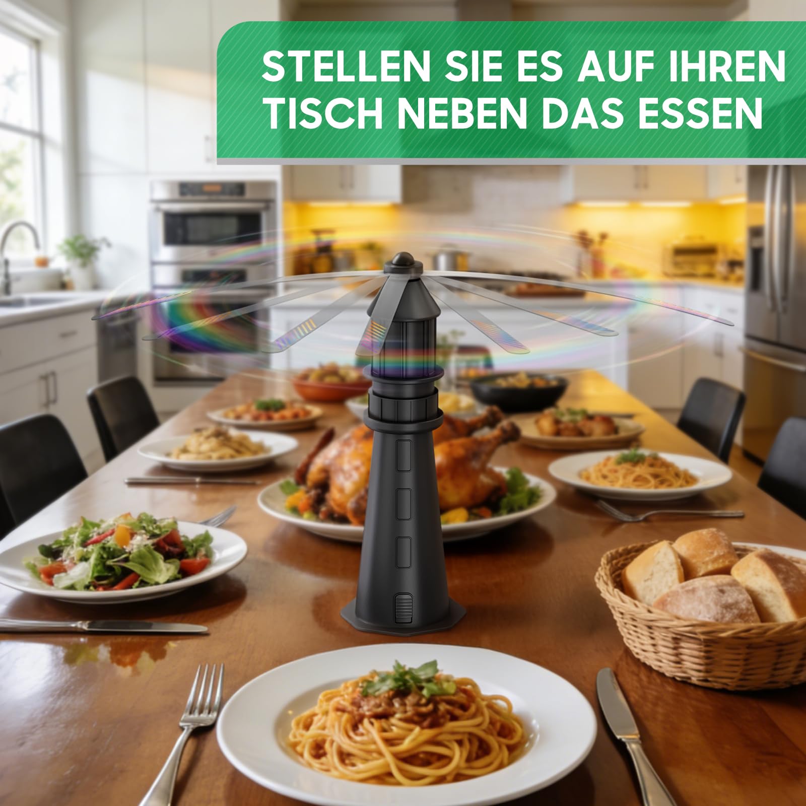 Fliegenwedler, Fliegenabwehr Tischventilator mit holografischen Flügeln,Aufhängbar für Innen & Außen, Insektenschutz für Camping, Garten & Terrasse（Ohne Batterien） 2 Pack