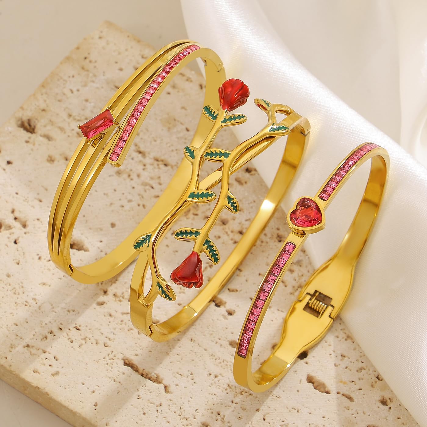 hotoo Rose Floral Stackable Bangle Sets For Women - 18K Gold Plated Stainless Steel Bangle Bracelets Sets Red Heart Gold Bangle Set For Christmas Mother's Day Trendy Jewelry Gifts - Image 7