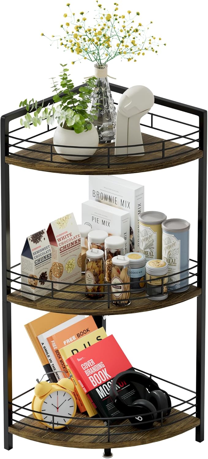 Bathroom Corner Shelf Stand, 3-Tier Small Corner Shelves, Triangular Curved Standing Bathroom Shelf Unit for Small Spaces, Ideal for Kitchen, Vanity Storage and Organization - Brown