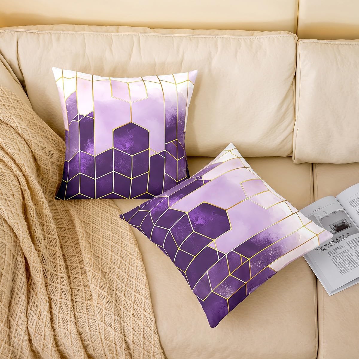Honeycomb Throw Pillow Covers Purple Marble Cushion Cases 22x22 Set Of 2 Geometric Diamond Pillow Covers For Girls Adult Women,Metallic Stripes Beehive Hexagon Soft Decorative Square Pillow Cases