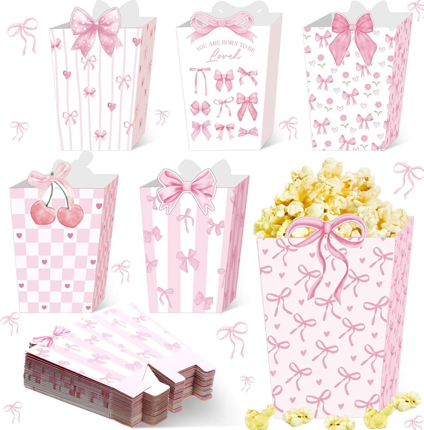 Namalu 48 Pcs Coquette Pink Bow Popcorn Boxes Mini Paper Coquette Bow Popcorn Bags Pastel Candy Container Goodies Boxes for Birthday Sleepover Bridal Shower Wedding Movie Night Party Favor