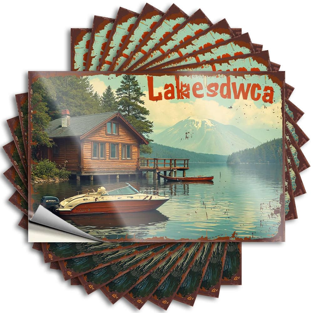 Tattoo Spring Retro Home Decor Waterproof - Lakeside Cabin with Boat On Calm Lake. Cover Self Adhesive Decal for Dry Use(8X12CM)