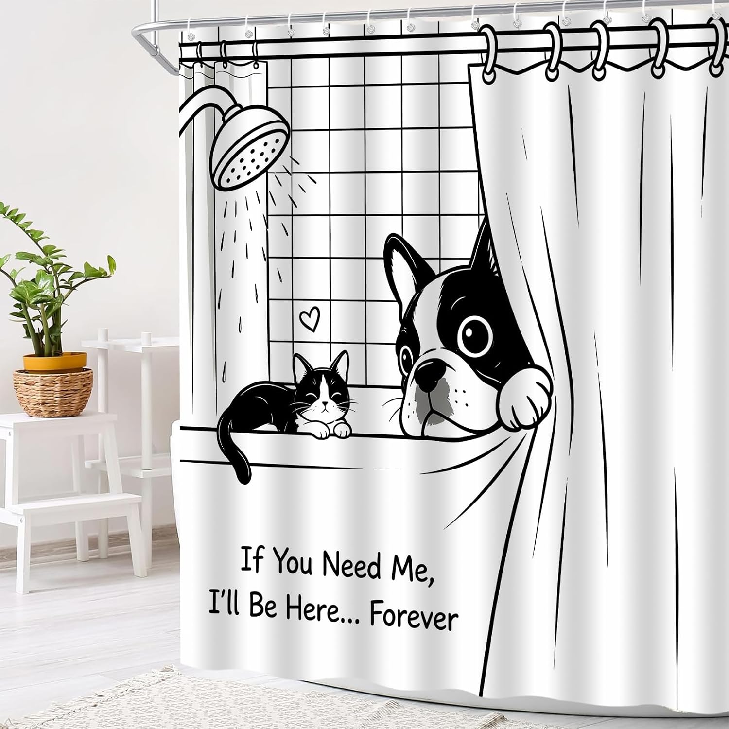 Funny Dog Shower Curtain French Bulldog Black & White 70x70 Inch image 3