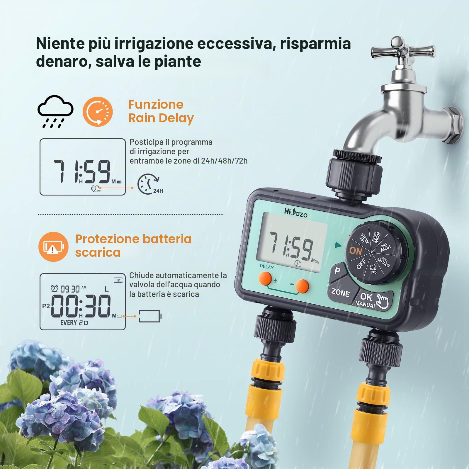 Computer per irrigazione giardino automatico, 2 Vie, 6 programmi di irrigazione al giorno, Centralina Irrigazione, Ritardo per Pioggia, Modalità Manuale, Timer per l'acqua per Giardino e Serra