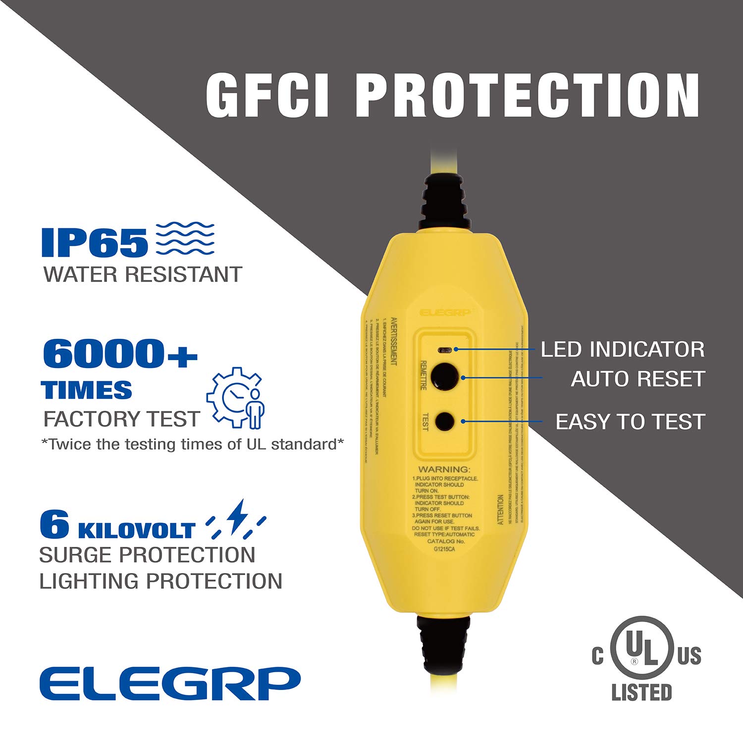 ELEGRP 15 Amp Auto Reset Inline GFCI Extension Cord 2-ft 12/3 SJTW Heavy Duty Yellow Cable 3 Wires 3-Prongs Grounded Plug with 3 Electrical Power Outlets, Indoor and Outdoor Christmas Light, UL Listed